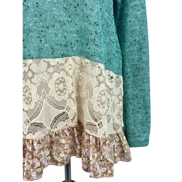 NWOT Boutique Hooded Ruffle Hem Mint Marled Knit Tunic Mini Dress - Picture 9 of 16